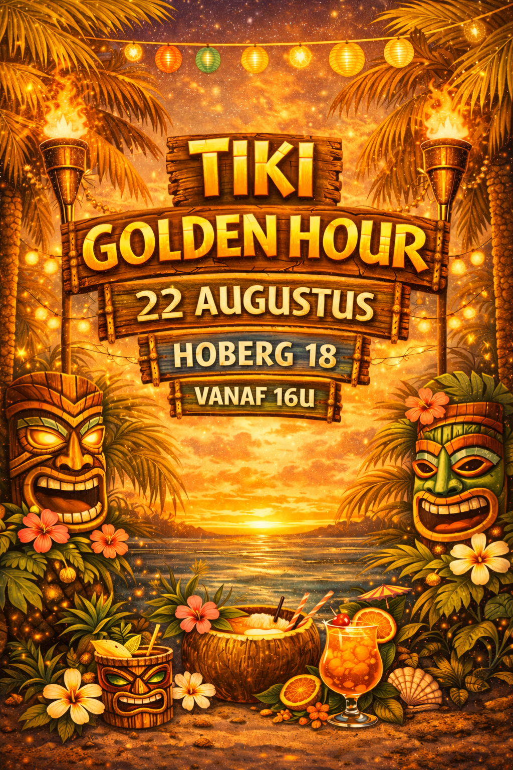 Tiki Golden Hour affiche - zaterdag 22 augustus, Hoberg 18, vanaf 16u