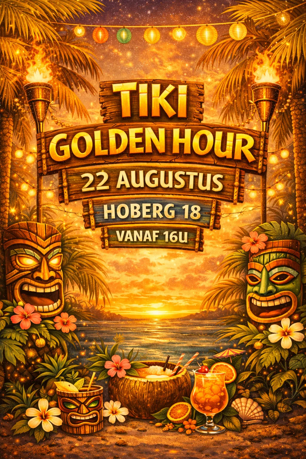 Tiki Golden Hour affiche - zaterdag 22 augustus, Hoberg 18, vanaf 16u
